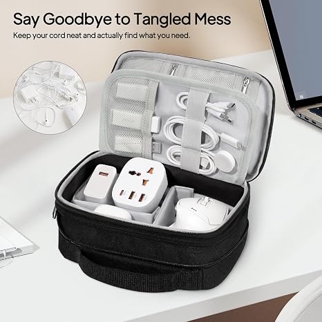 TOPEAST Expandable Cable Organizer Bag, Large Capacity Tech Pouch Electronics Travel Organizer Case, Waterproof Tech Essentials Storage Bag for Men, Charger, Cord, Mouse, Office Desk, Black